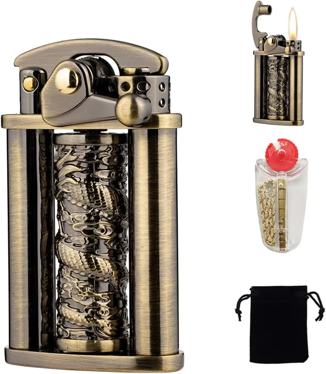 Mechanical Kerosene Lighter Antique Style Rocker Brass Lighter, Waterproof Emergency Survival Lighter for Outdoor, Camping, Climbing, Fishing, Kitchen(No Oil)