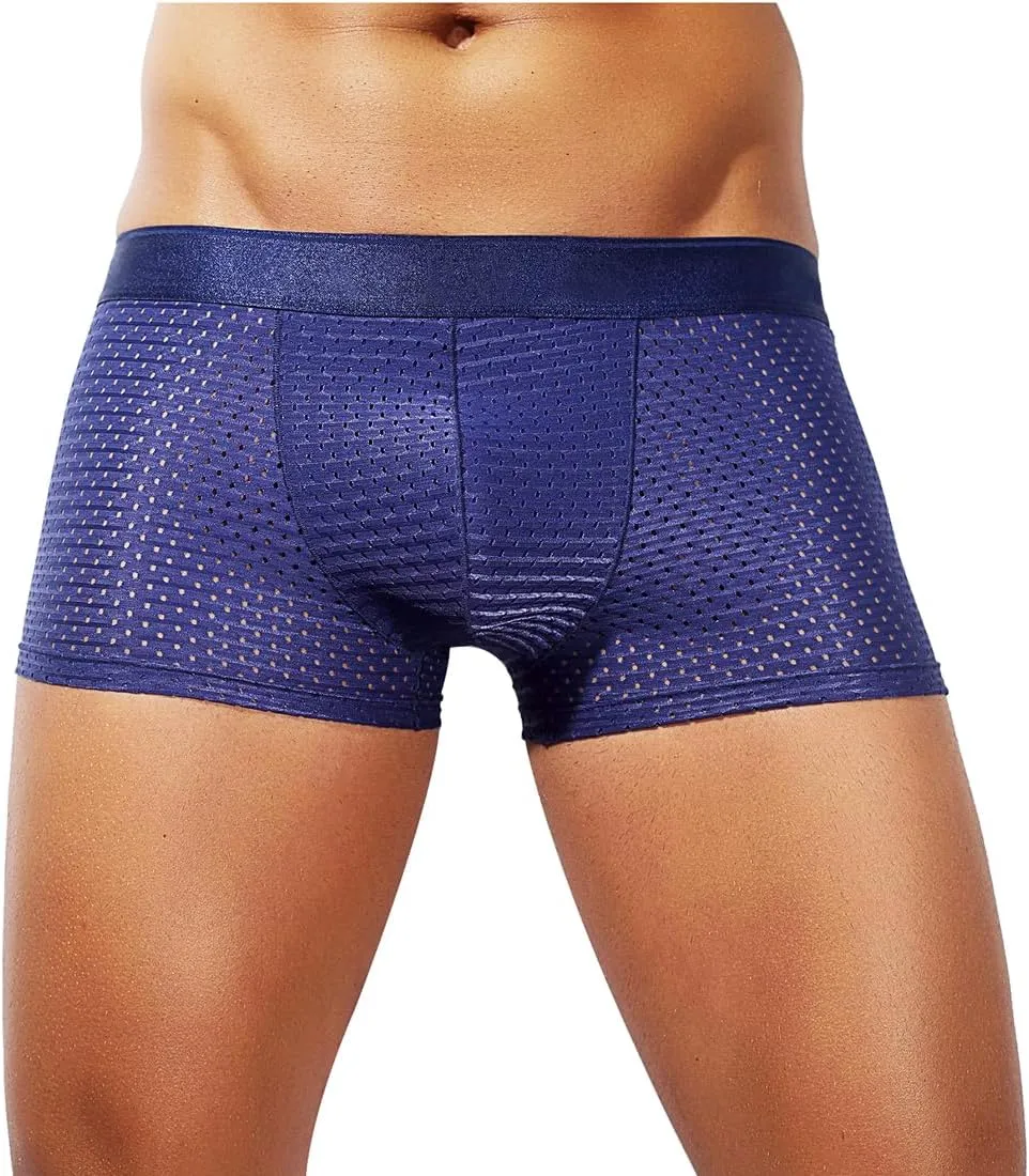 Men Mesh Boxer Briefs Breathable Underwear Ice Silk Soft Cool See Through Sexy Lingerie 3D Pouch Seamless Sheer Trunk