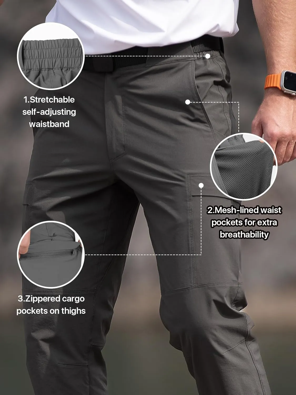Men's Quick Dry Hiking Work Cargo Pants with Belt Lightweight Water-Resistant Stretch Pants for Fishing Outdoor Casual