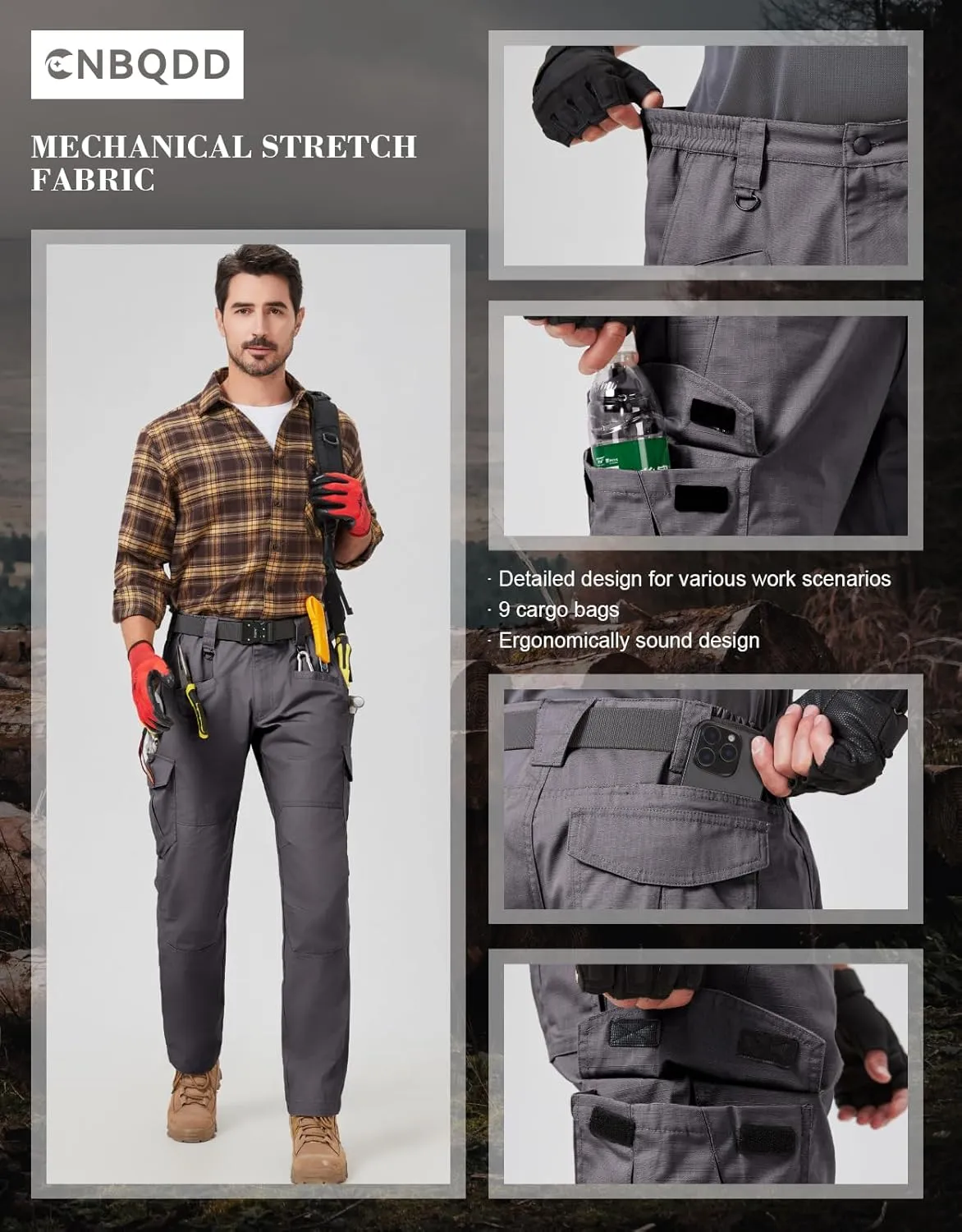 Mens Work Pants Cargo Tactical Construction Ripstop Waterproof Lightweight Outdoor Hiking Pants with Pockets