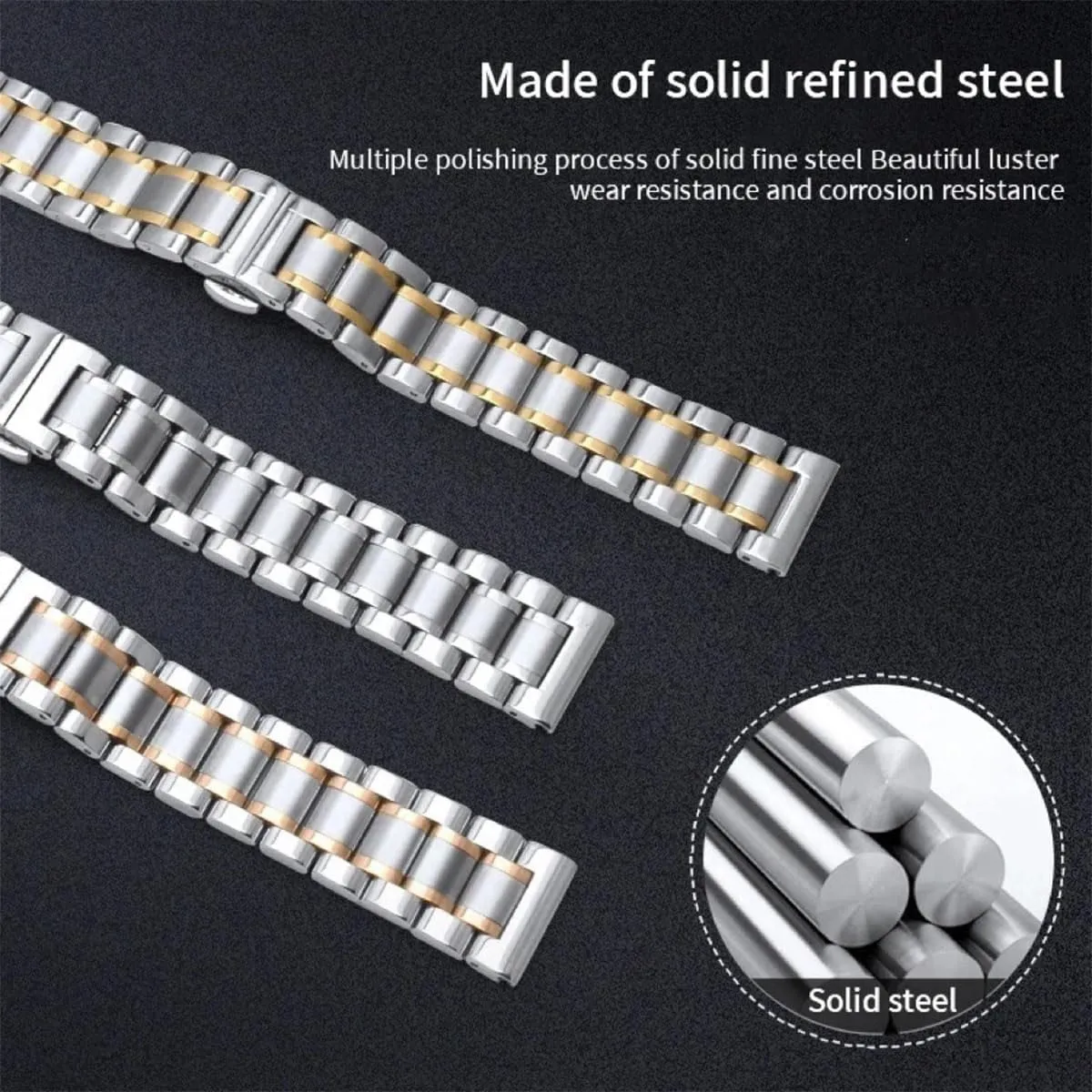Metal Watch Universal Metal Replacement Stainless Steel Watch Straps with Straight & Curved End for Men Women,8 Sizes(14mm-24mm) 4 Colors(Gold,Sliver,Black,Gold-Silver Two Tone)