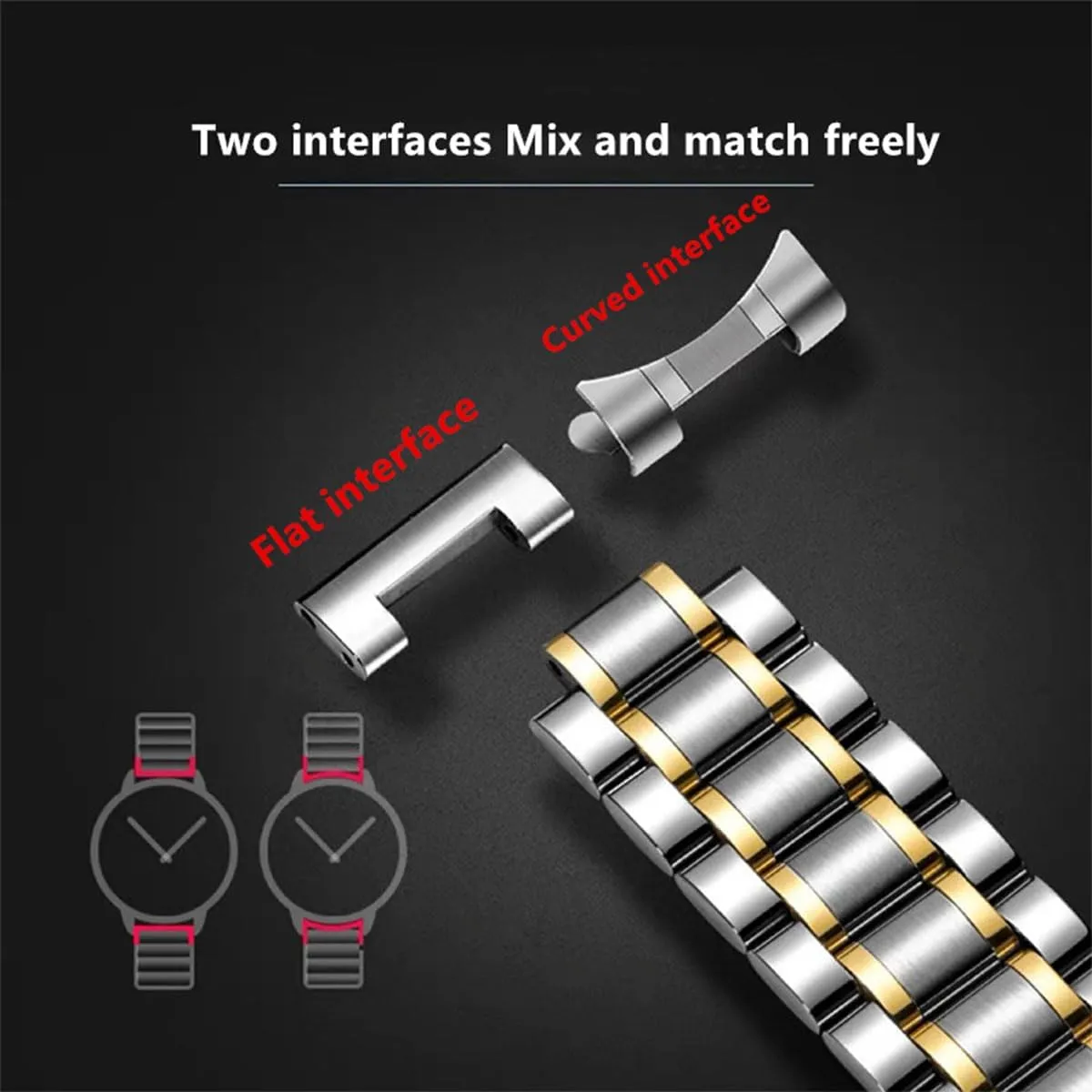 Metal Watch Universal Metal Replacement Stainless Steel Watch Straps with Straight & Curved End for Men Women,8 Sizes(14mm-24mm) 4 Colors(Gold,Sliver,Black,Gold-Silver Two Tone)