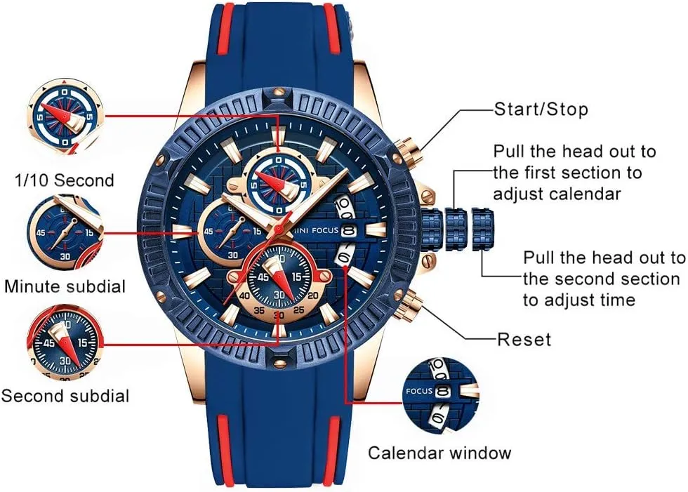 MF MINI FOCUS Men Watch, Chronograph Waterproof Sport Analog Quartz Watches Blue Silicon Strap Fashion Wristwatch for Men