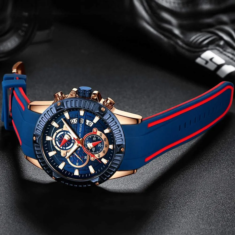 MF MINI FOCUS Men Watch, Chronograph Waterproof Sport Analog Quartz Watches Blue Silicon Strap Fashion Wristwatch for Men