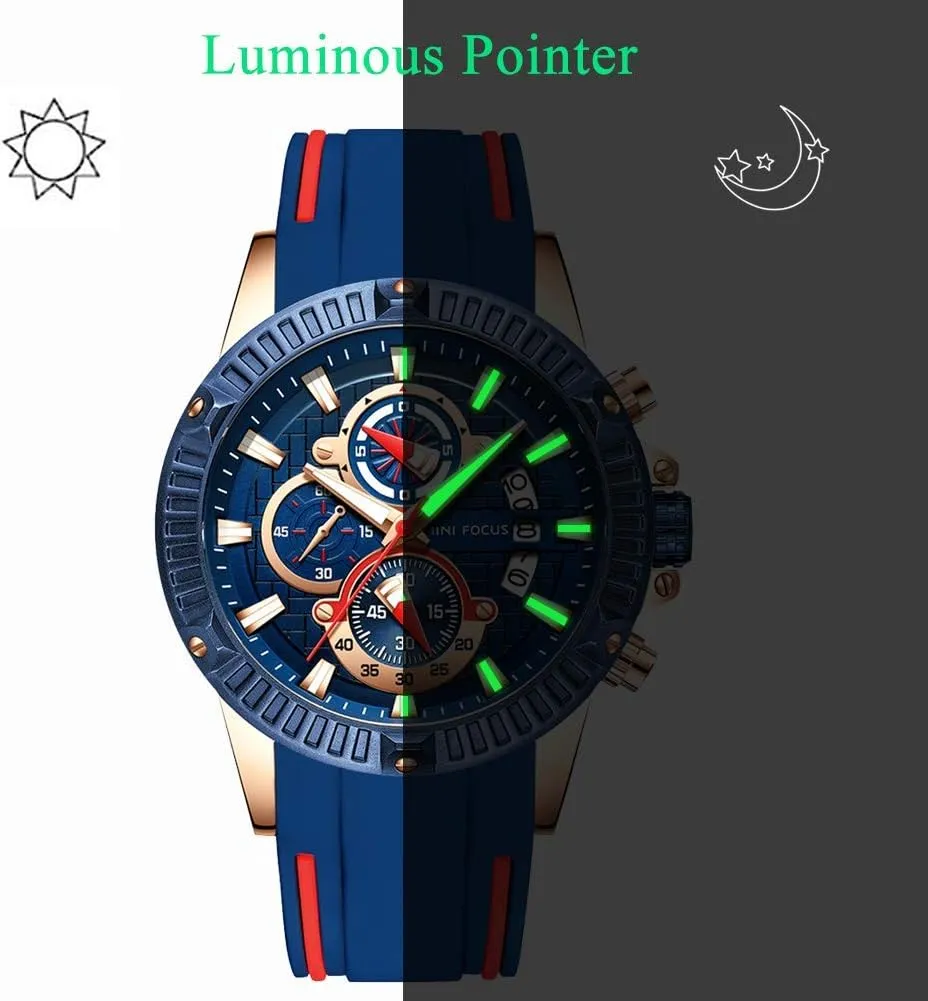 MF MINI FOCUS Men Watch, Chronograph Waterproof Sport Analog Quartz Watches Blue Silicon Strap Fashion Wristwatch for Men