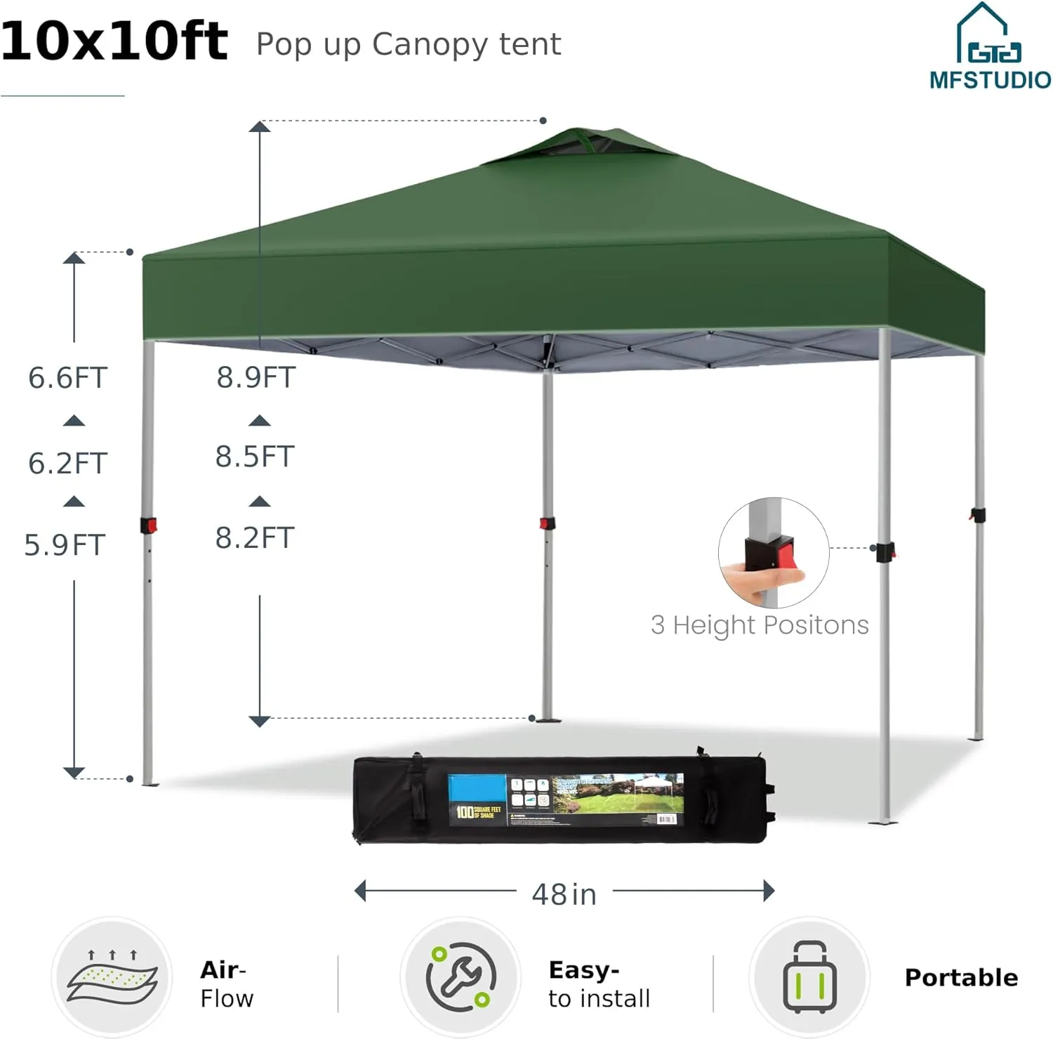 MFSTUDIO 10x10 Pop Up Canopy Tent, Gazebo Shelter Sun Shade Canopies Waterproof Patio Portable Popup Screened Tents for Beach,Parties,Camping,Green