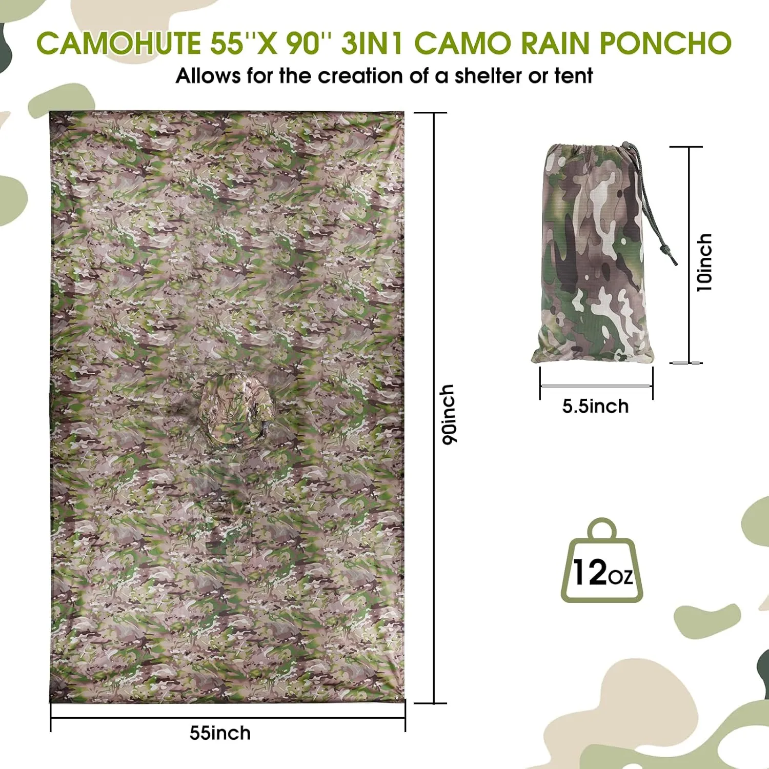 Military Camo Rain Poncho, Extra Large Tactical Poncho Shelter, with Pocket, Waterproof, for Hunting Hiking Camping Emergency