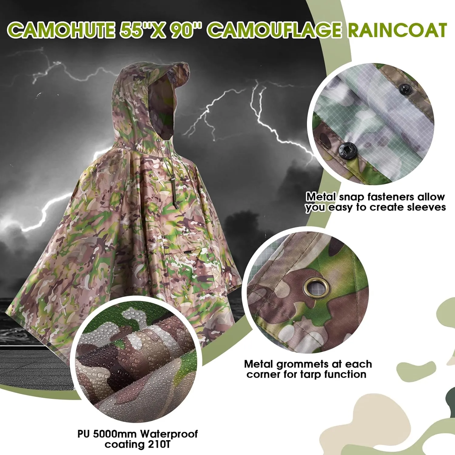 Military Camo Rain Poncho, Extra Large Tactical Poncho Shelter, with Pocket, Waterproof, for Hunting Hiking Camping Emergency