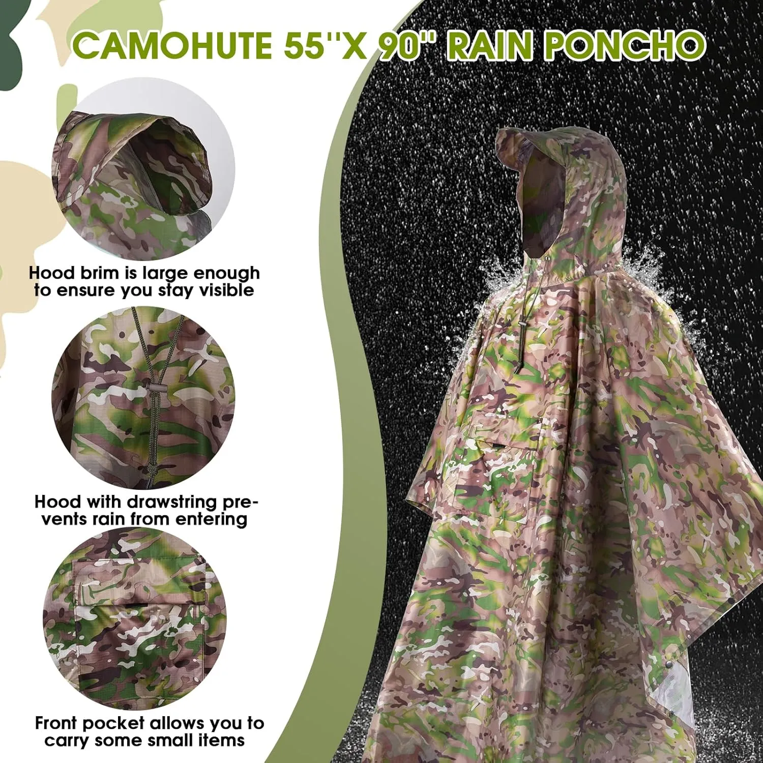 Military Camo Rain Poncho, Extra Large Tactical Poncho Shelter, with Pocket, Waterproof, for Hunting Hiking Camping Emergency
