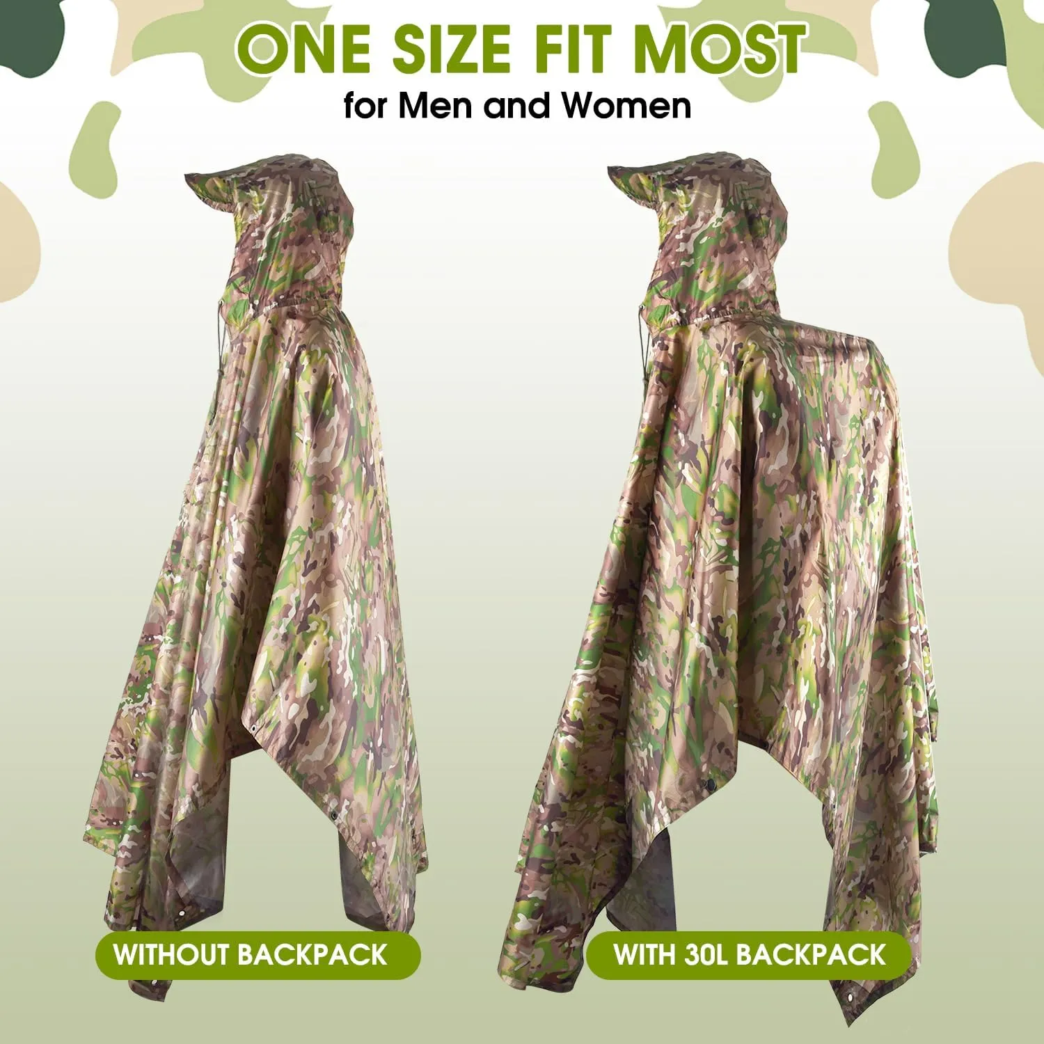 Military Camo Rain Poncho, Extra Large Tactical Poncho Shelter, with Pocket, Waterproof, for Hunting Hiking Camping Emergency