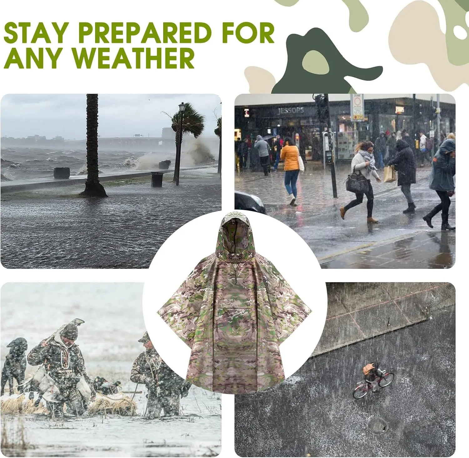 Military Camo Rain Poncho, Extra Large Tactical Poncho Shelter, with Pocket, Waterproof, for Hunting Hiking Camping Emergency