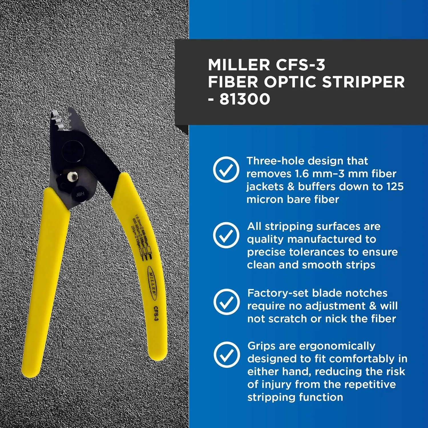 Miller CFS-3 Series Three-Hole Wire Stripper Tool for Working Technicians, Electricians, and Installers, Safe Cable-Splicing Tool, Easily Portable Wire Stripper, 4.2 Ounces