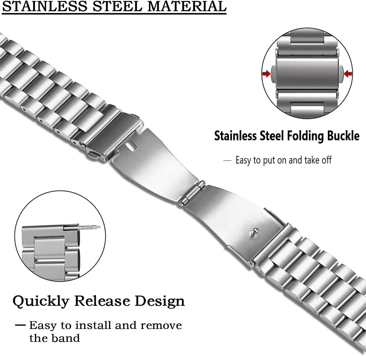 MORAN Stainless Steel Watch Band Quick Release Replacement Metal Strap 18mm 20mm 22mm Men Women, Silver Folding Clasp