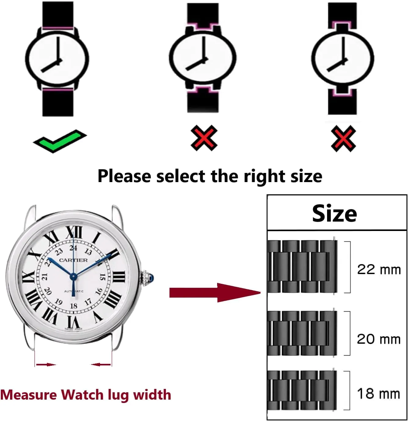 Moran Stainless Steel Watch Band Quick Release Replacement Metal Strap 20mm 22mm for Men Women