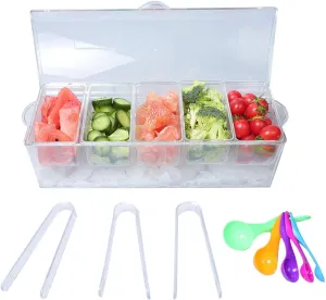 MorTime Ice Chilled Condiment Server with 5 Removable Compartments, Clear Sauce Caddy Serving Tray Container with Lid, Set of 5 Serving Spoons & 3 Tongs Included