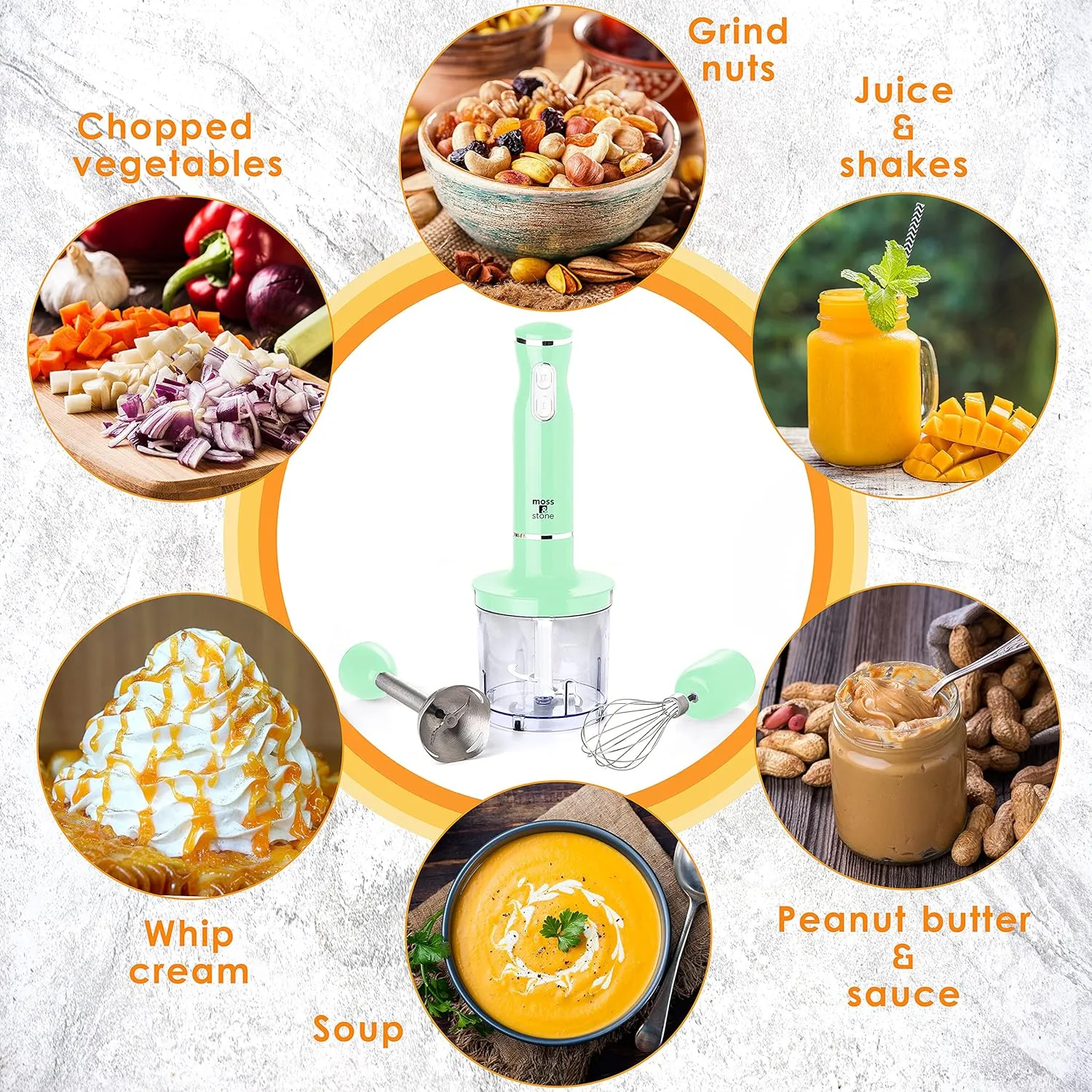 Moss & Stone Hand Blender Electric With Egg Whisk & Chopper, Powerful 300 Watt Stick Blender, Hand Mixer Set Stainless Steel Shaft & Blades, Handheld Blender With Ergonomic Handle