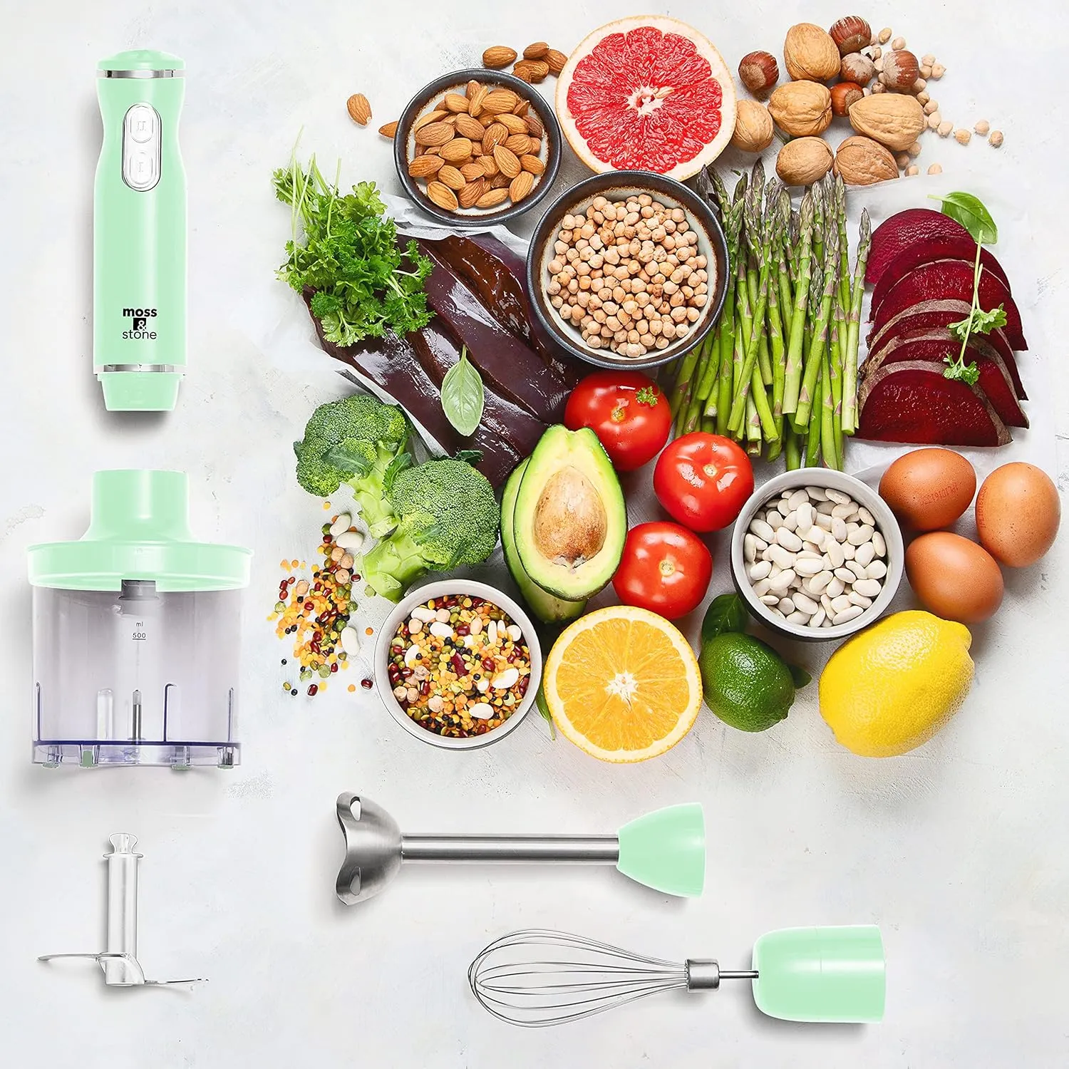 Moss & Stone Hand Blender Electric With Egg Whisk & Chopper, Powerful 300 Watt Stick Blender, Hand Mixer Set Stainless Steel Shaft & Blades, Handheld Blender With Ergonomic Handle