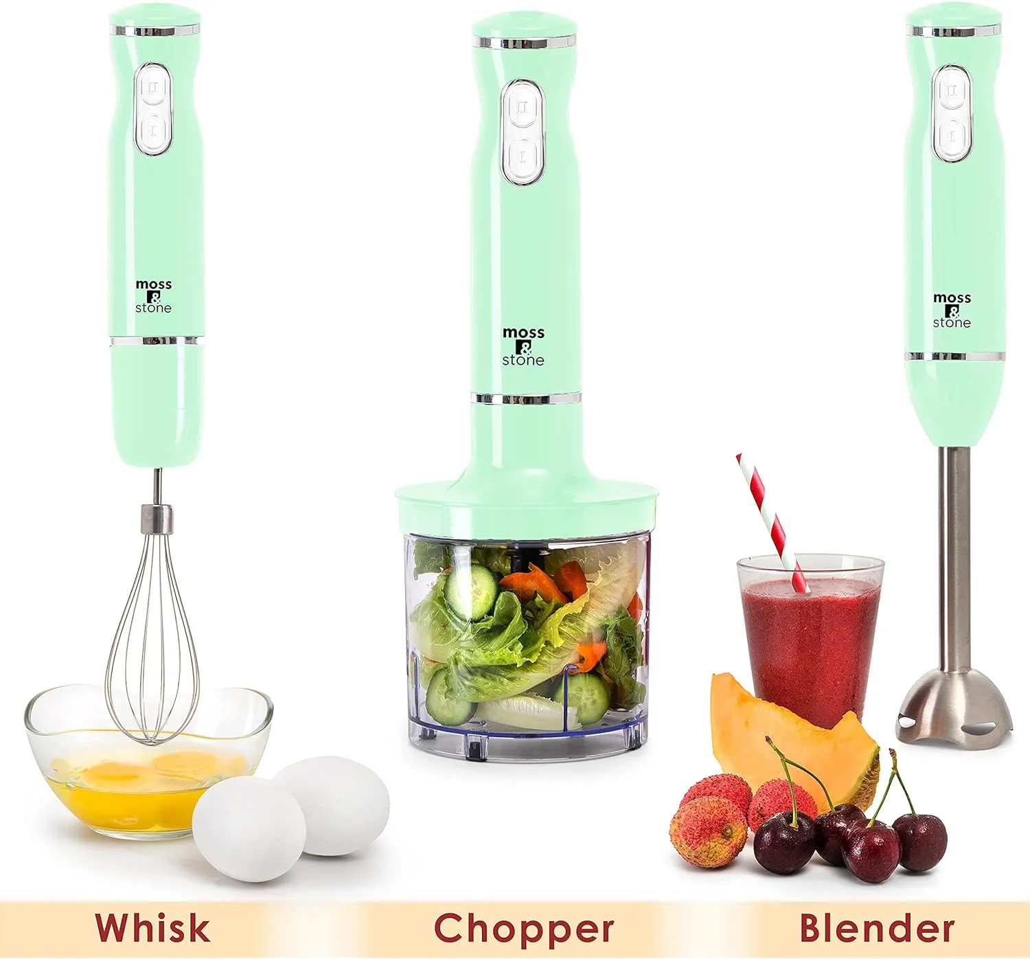 Moss & Stone Hand Blender Electric With Egg Whisk & Chopper, Powerful 300 Watt Stick Blender, Hand Mixer Set Stainless Steel Shaft & Blades, Handheld Blender With Ergonomic Handle