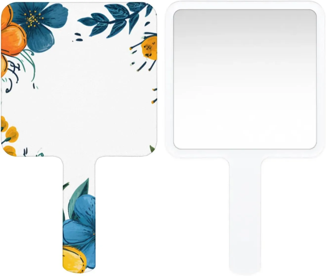 Multi Purpose Hand Mirror Watercolor Natural Modern Flower with Distortion Free Reflection, 6.7 x 3.95 in, Small Cute Square Hand Mirror