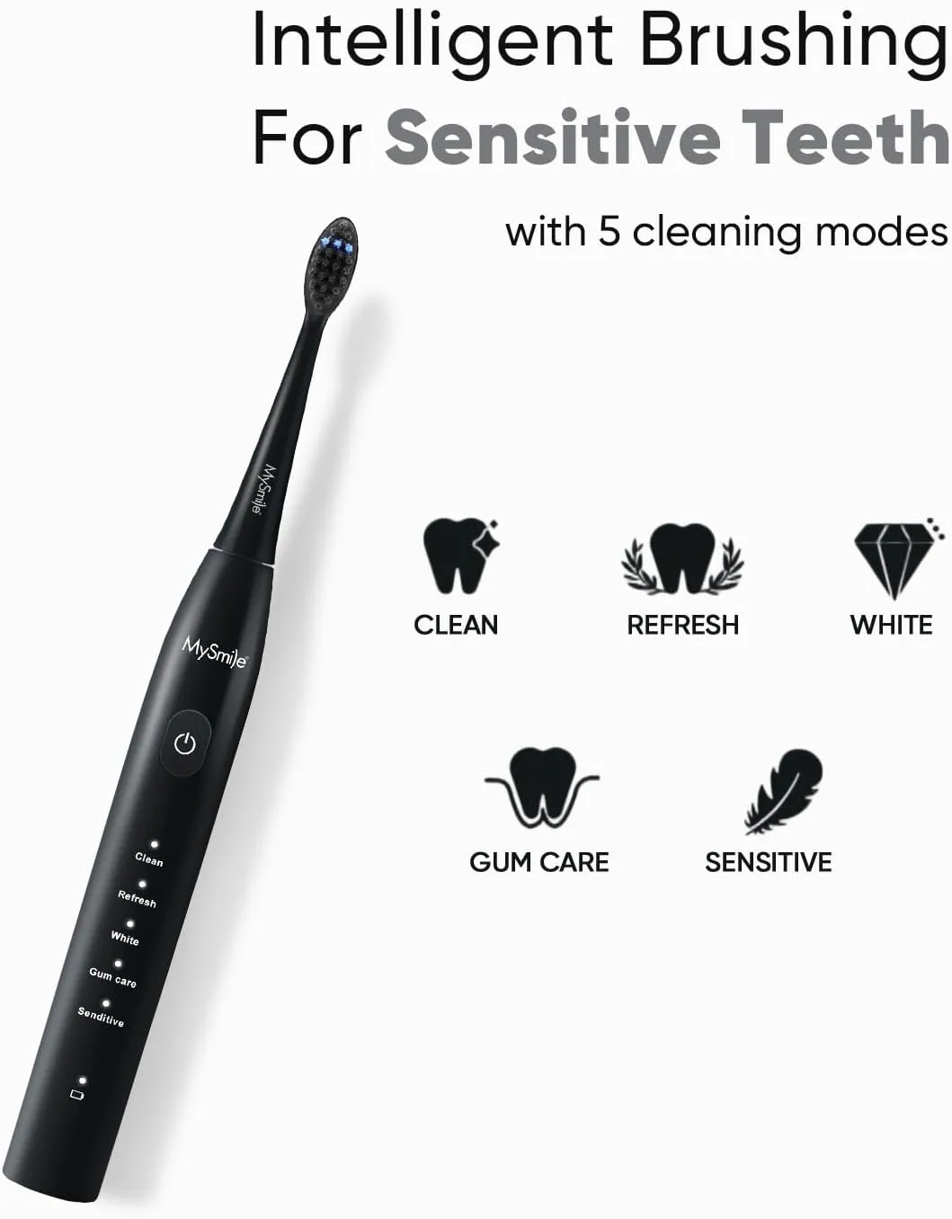 MySmile DY156 Electric Toothbrush for Adults, Rechargeable Sonic Battery Toothbrush Portable with 3 Brush Heads, 2 Mins 5 Modes Smart Timer, 45000VPM, One Charge for 60 Days – Black