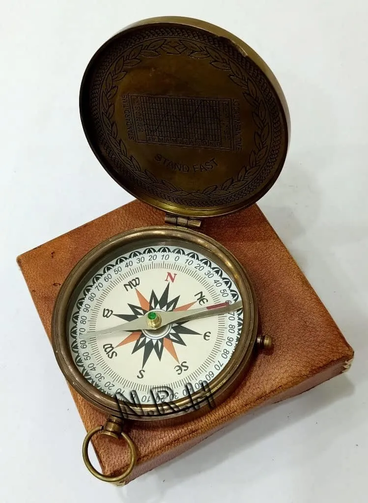 Nautical Antique Brass Compass Vintage Directional Magnetic Compass with Wooden Box