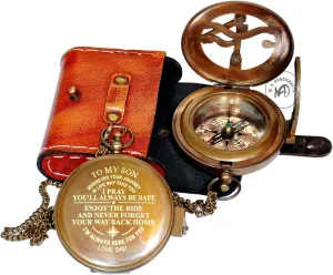 Nautical Antique Brass Verniyer New Working Sundial Compass with Leather Case Marine Navigational Magnetic Push Button Compass Gift for Birthday, New Year