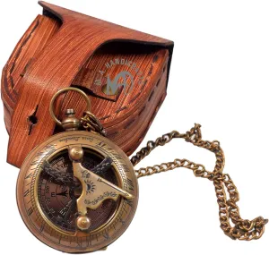 Nautical Antique Brass Working Sundial Compass with Leather Case Maritime Navigational Magnetic Pocket Compass Birthday, New Year