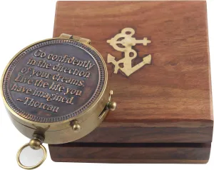 Nautical Go Confidently Thoreau Quotes Engraved Compass Magnetic Navigation Pocket Compass with Anchor Wooden Box