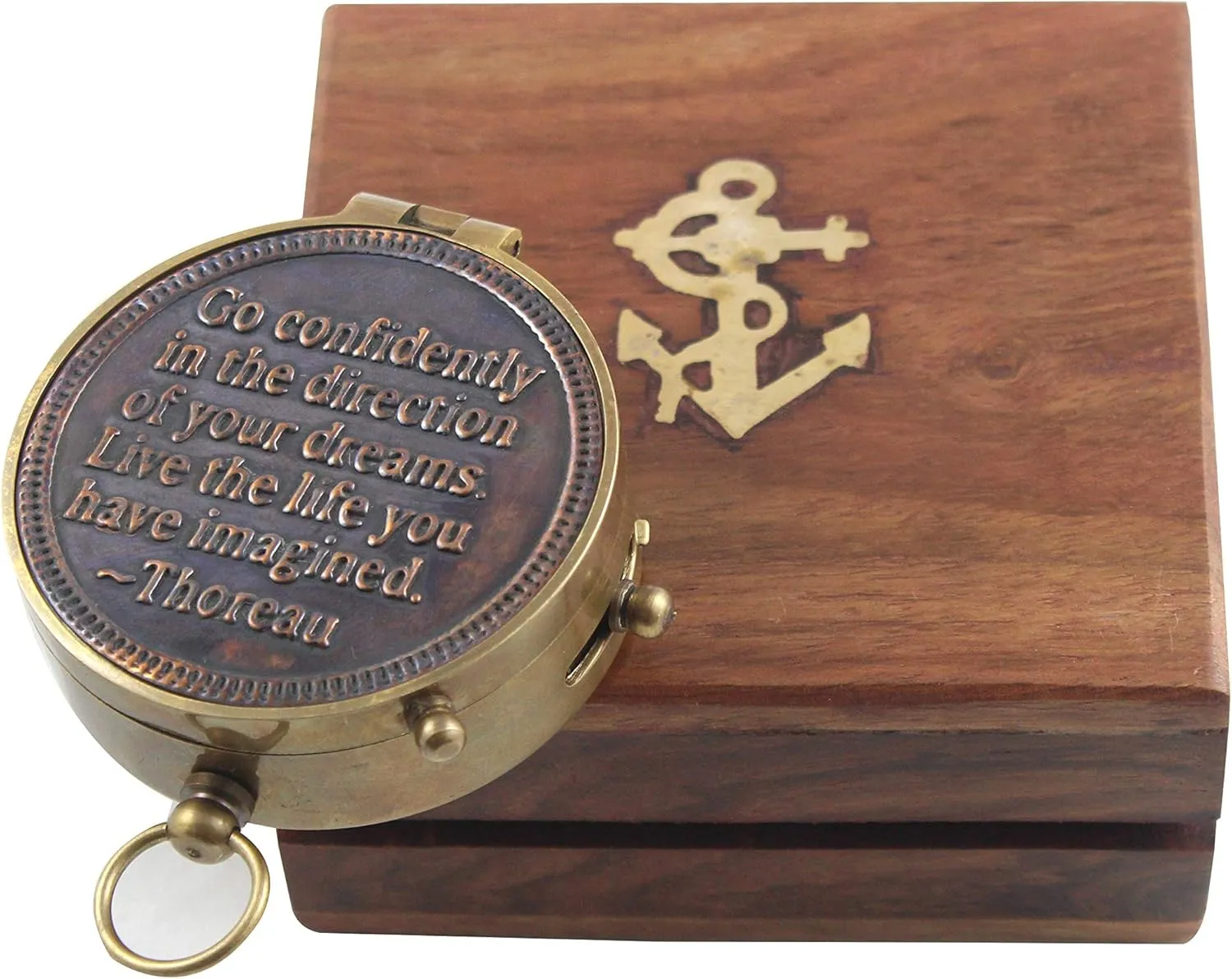 Nautical Go Confidently Thoreau Quotes Engraved Compass Magnetic Navigation Pocket Compass with Anchor Wooden Box