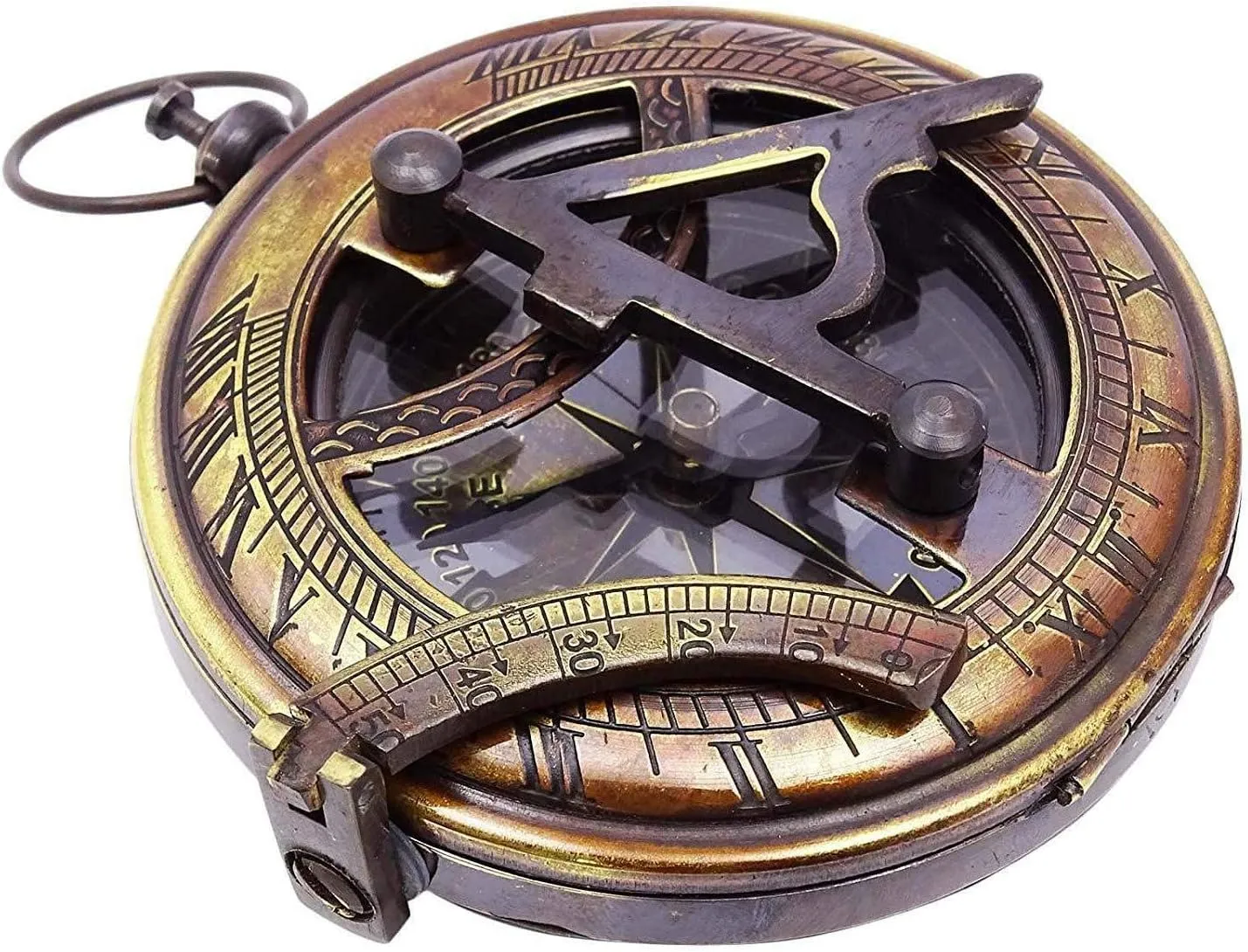 Nautical Pocket Compass Magnetic Navigation Chain Sundial Brass Maritime Hiking