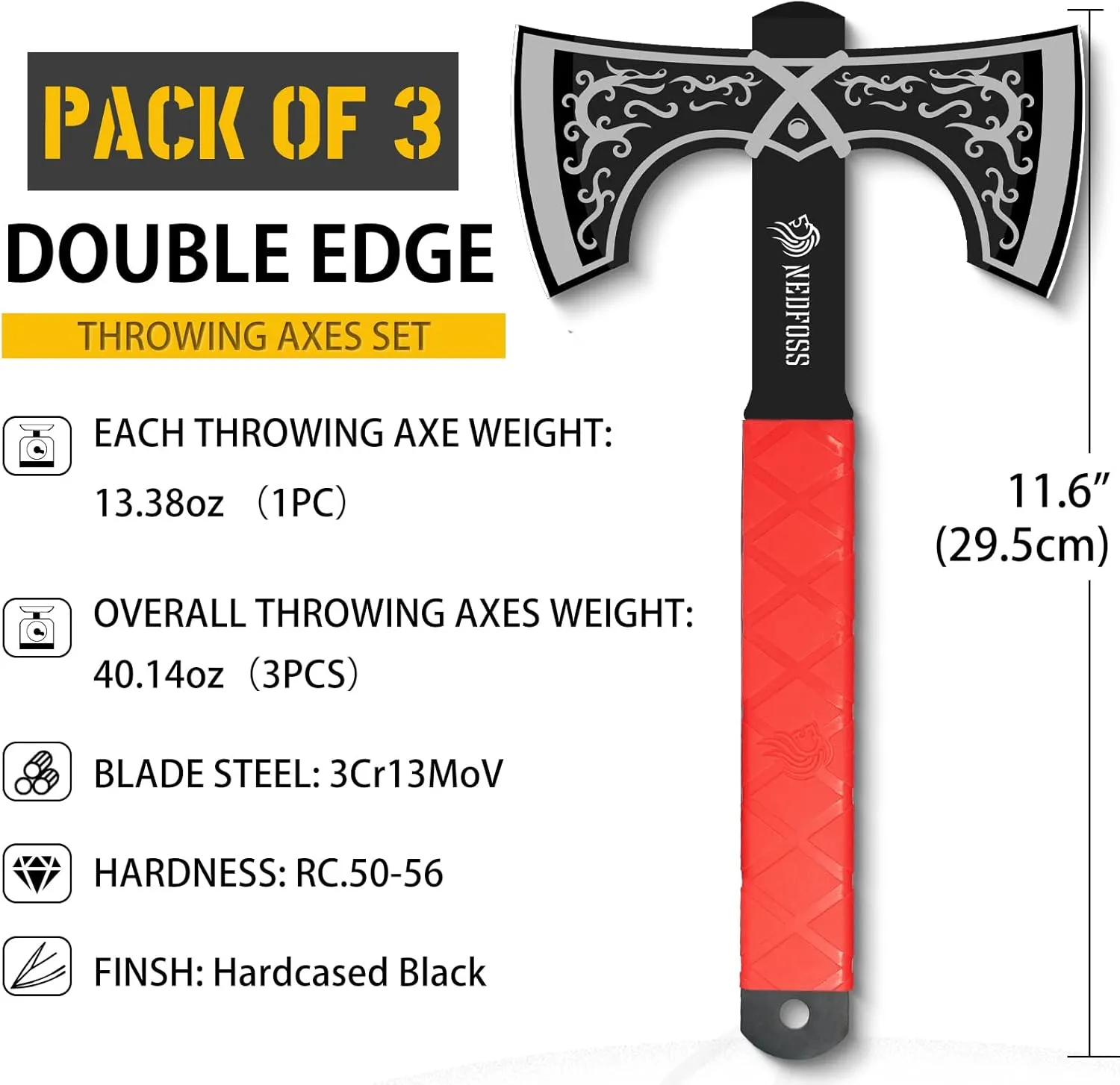 NedFoss Dragon Throwing Axe Set, 11.6" Throwing Axes and Tomahawks, Throwing Products Pack of 3, Viking Double Bit, Tear-Resistant TPR Handle, Throwing Axe for Axe Throwing Game (Throwing Axes)