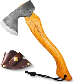 NedFoss R33 Camping Hatchet Axe, 13" Bushcraft Axes and Hatchets with Cowhide Leather Sheath, Hand Forged Survival Axe Hatchet with Beech Wood Handle for Outdoor Forest Garden Wood Carving Chopping