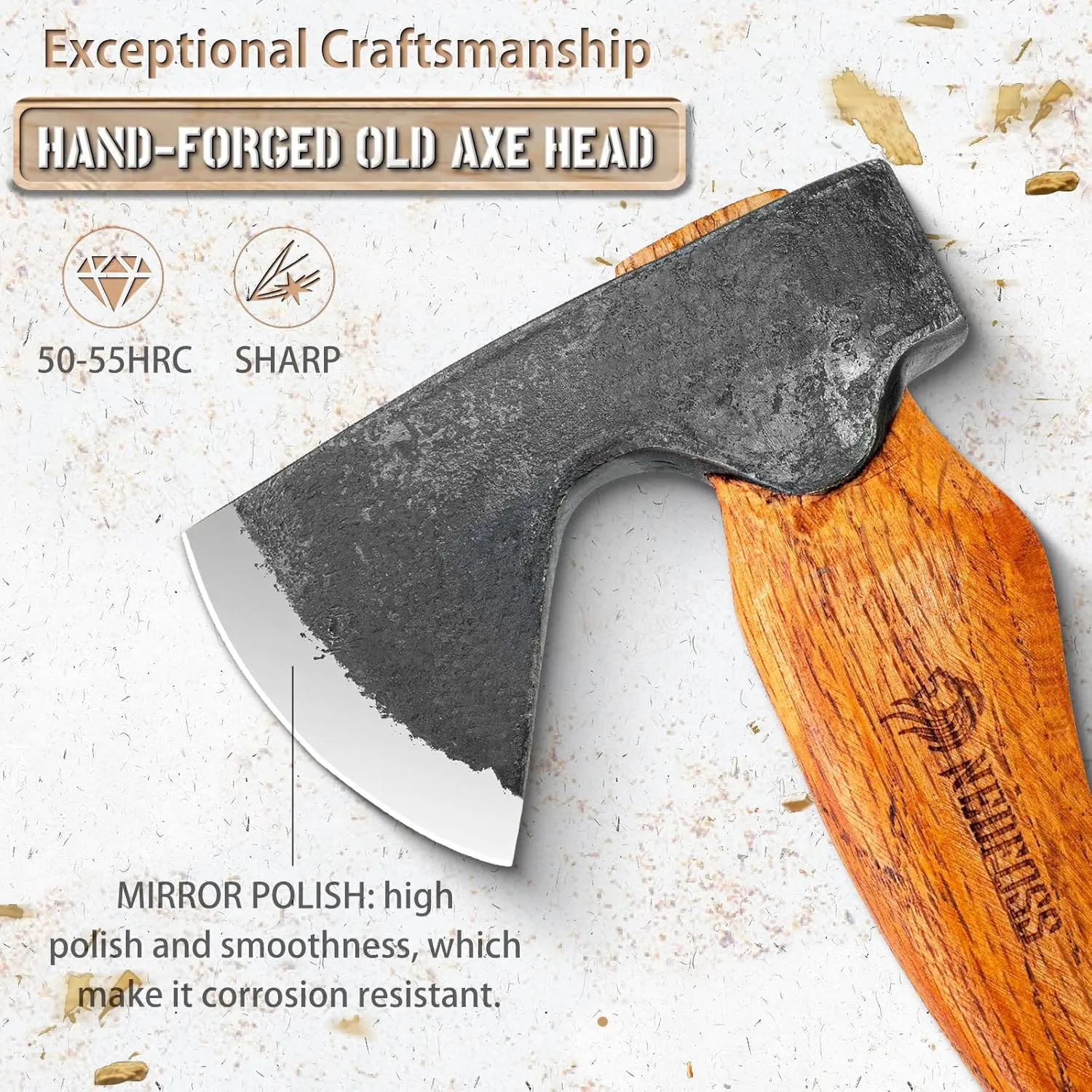 NedFoss R33 Camping Hatchet Axe, 13" Bushcraft Axes and Hatchets with Cowhide Leather Sheath, Hand Forged Survival Axe Hatchet with Beech Wood Handle for Outdoor Forest Garden Wood Carving Chopping