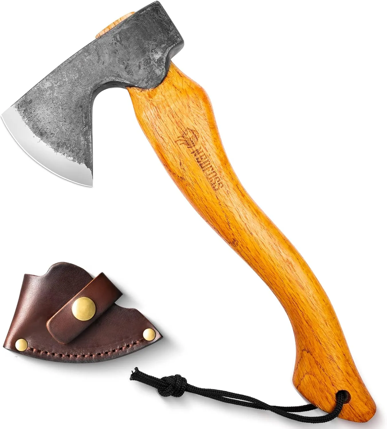 NedFoss R33 Camping Hatchet Axe, 13" Bushcraft Axes and Hatchets with Cowhide Leather Sheath, Hand Forged Survival Axe Hatchet with Beech Wood Handle for Outdoor Forest Garden Wood Carving Chopping