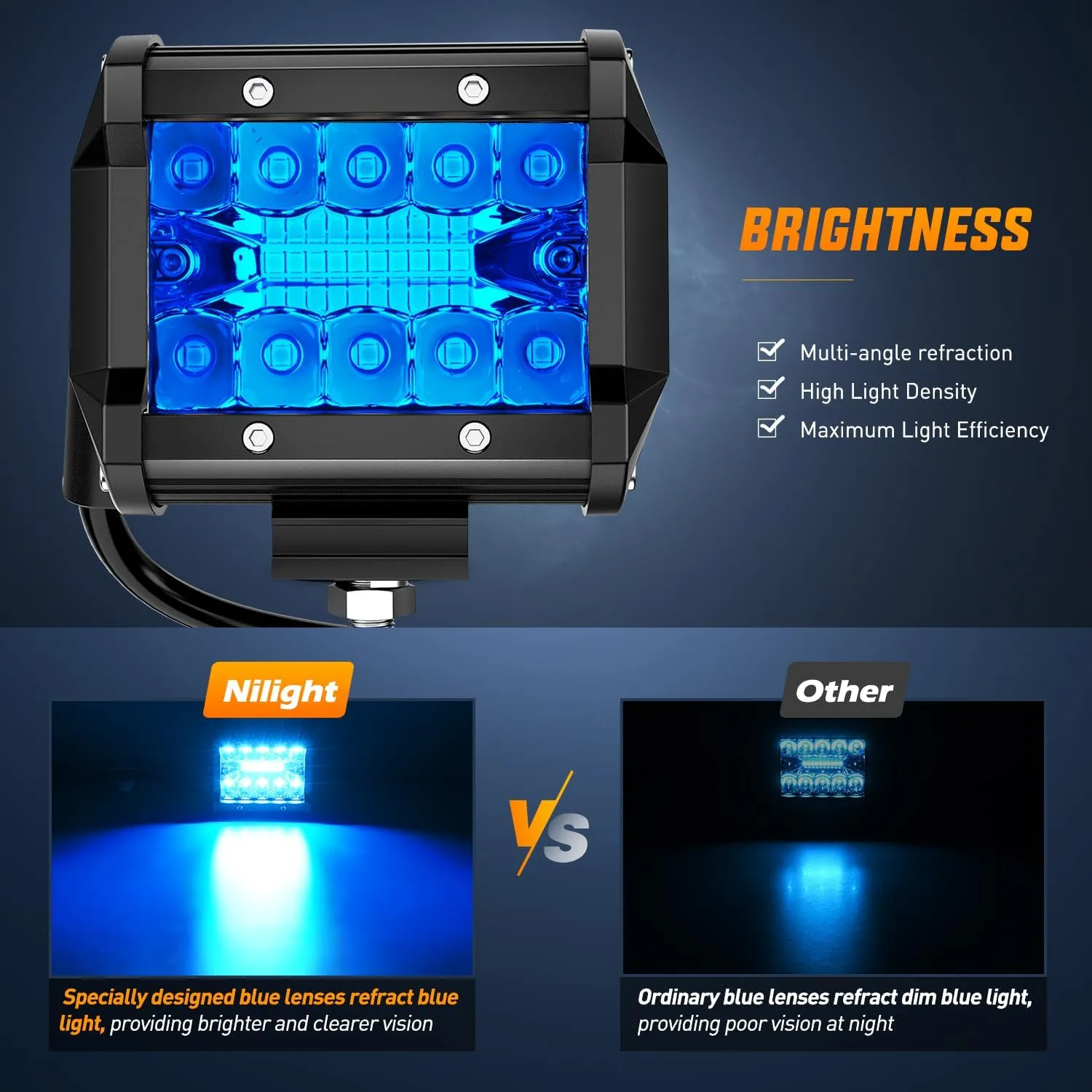 Nilight 4 inch LED Light Pod Blue Triple Row 2PCS 60W Flood Spot Combo Driving Fog Fishing Hunting Emergency Safety Signal Deck Trailer Lighting for UTV Pick-up Van Boat Tractor