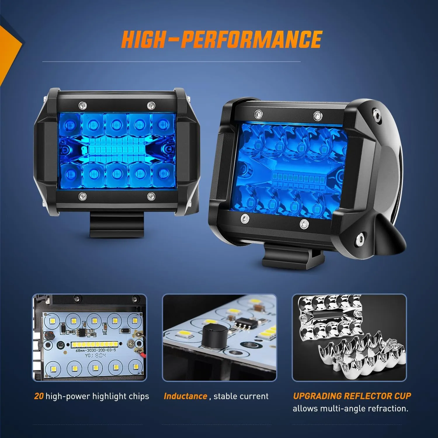 Nilight 4 inch LED Light Pod Blue Triple Row 2PCS 60W Flood Spot Combo Driving Fog Fishing Hunting Emergency Safety Signal Deck Trailer Lighting for UTV Pick-up Van Boat Tractor