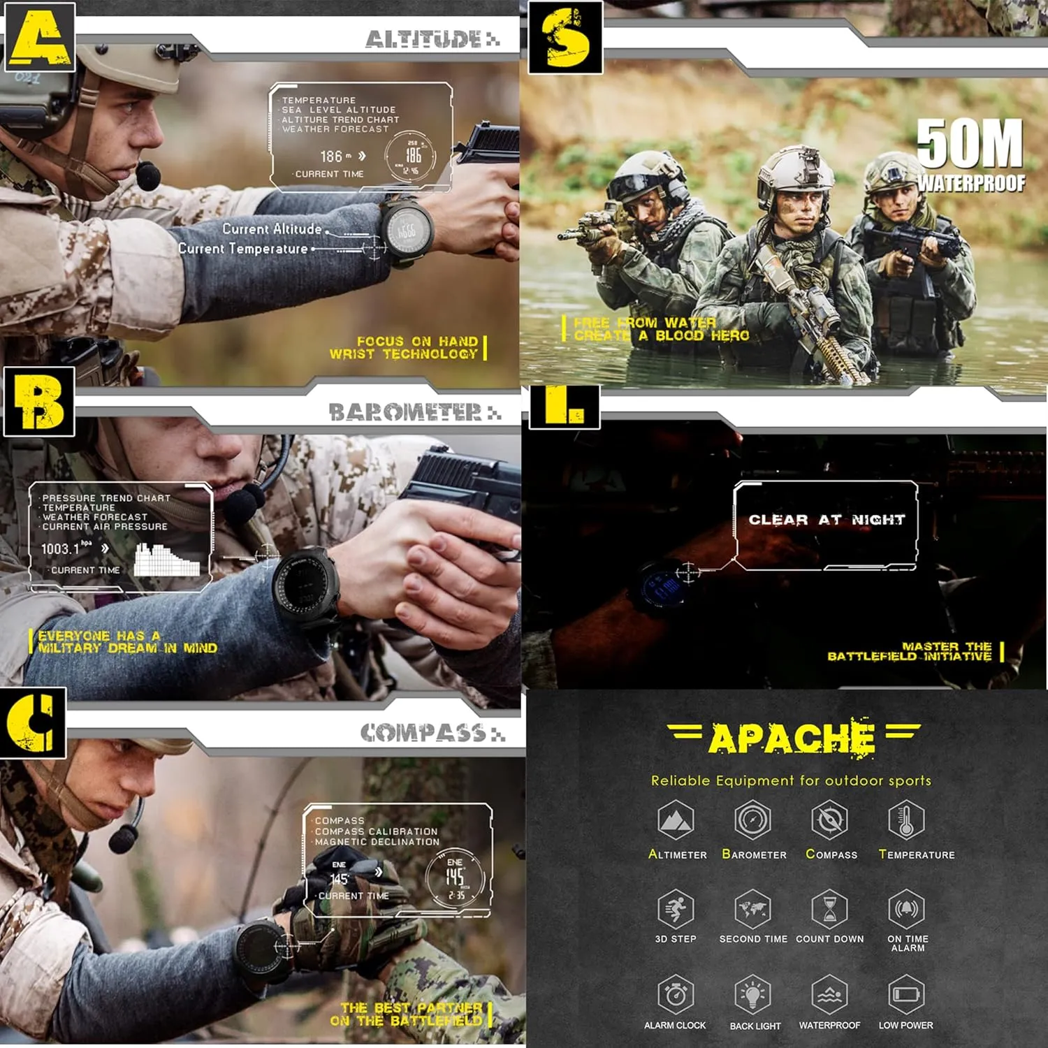 NORTH EDGE Military-Watch for Men - Tactical Survival Watch, Men's Women's Digital Wrist Watches for Sports Outdoors, Pedometer, Compass, Calories, Durable Nylon Band