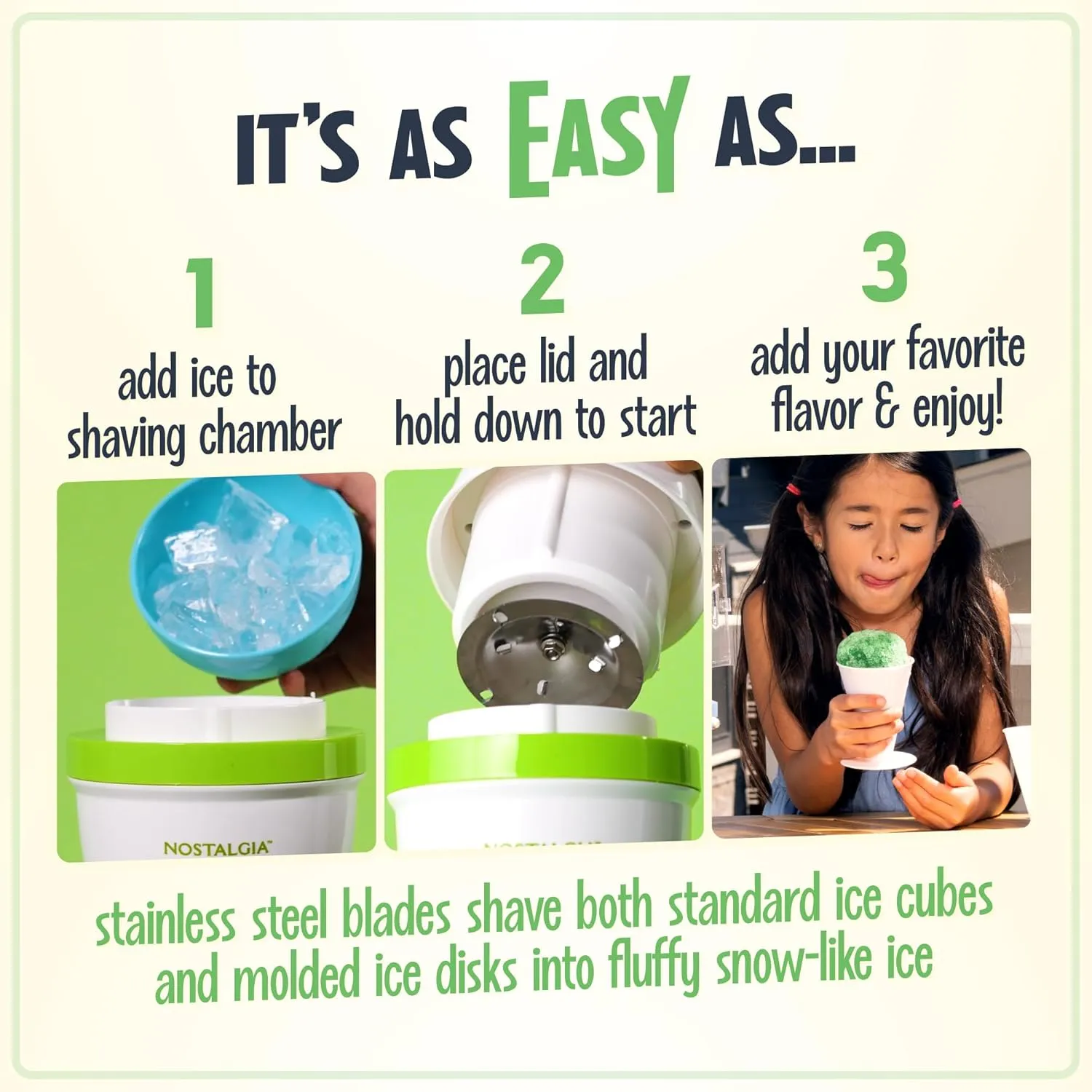 Nostalgia Electric Shave Maker Tabletop Snow Slushie Machine-2 Ice Mold Bowls & 1 Reusable Plastic Cone, Green & White