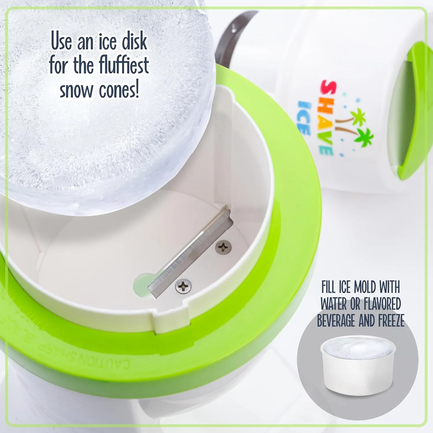 Nostalgia Electric Shave Maker Tabletop Snow Slushie Machine-2 Ice Mold Bowls & 1 Reusable Plastic Cone, Green & White