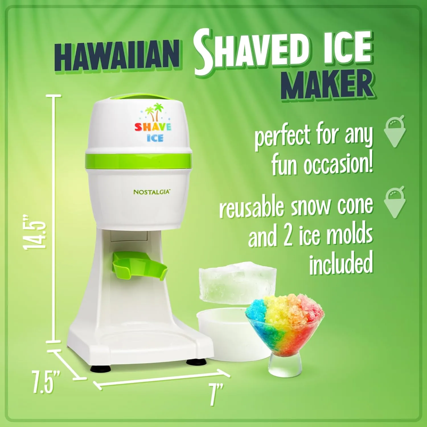 Nostalgia Electric Shave Maker Tabletop Snow Slushie Machine-2 Ice Mold Bowls & 1 Reusable Plastic Cone, Green & White