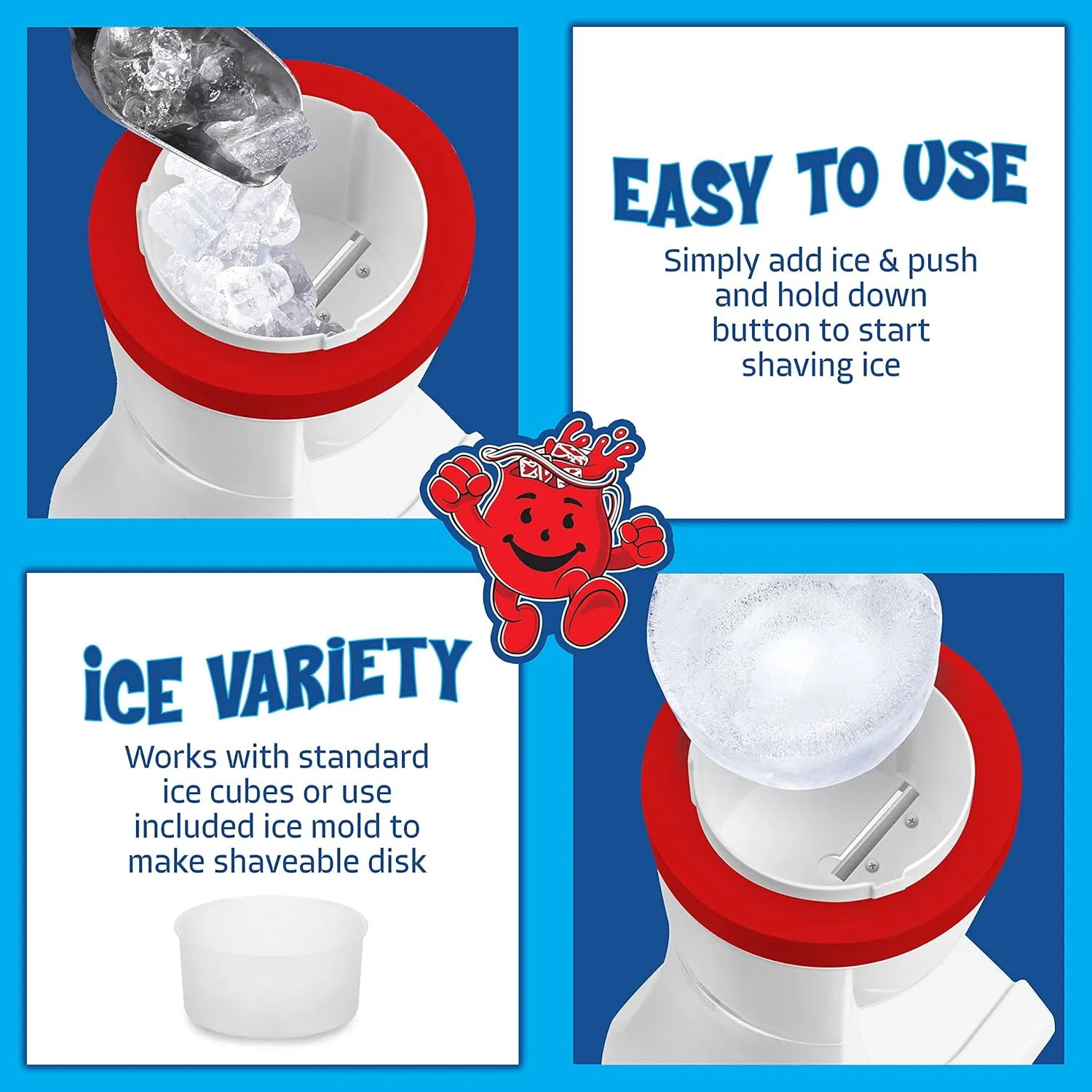 Nostalgia Kool-Aid Shave Ice & Snow Cone Maker, Includes Reusable Cup and Two Ice Molds, Stainless Steel Blades, Makes Margaritas, Frozen Cocktails, Slushies, Red