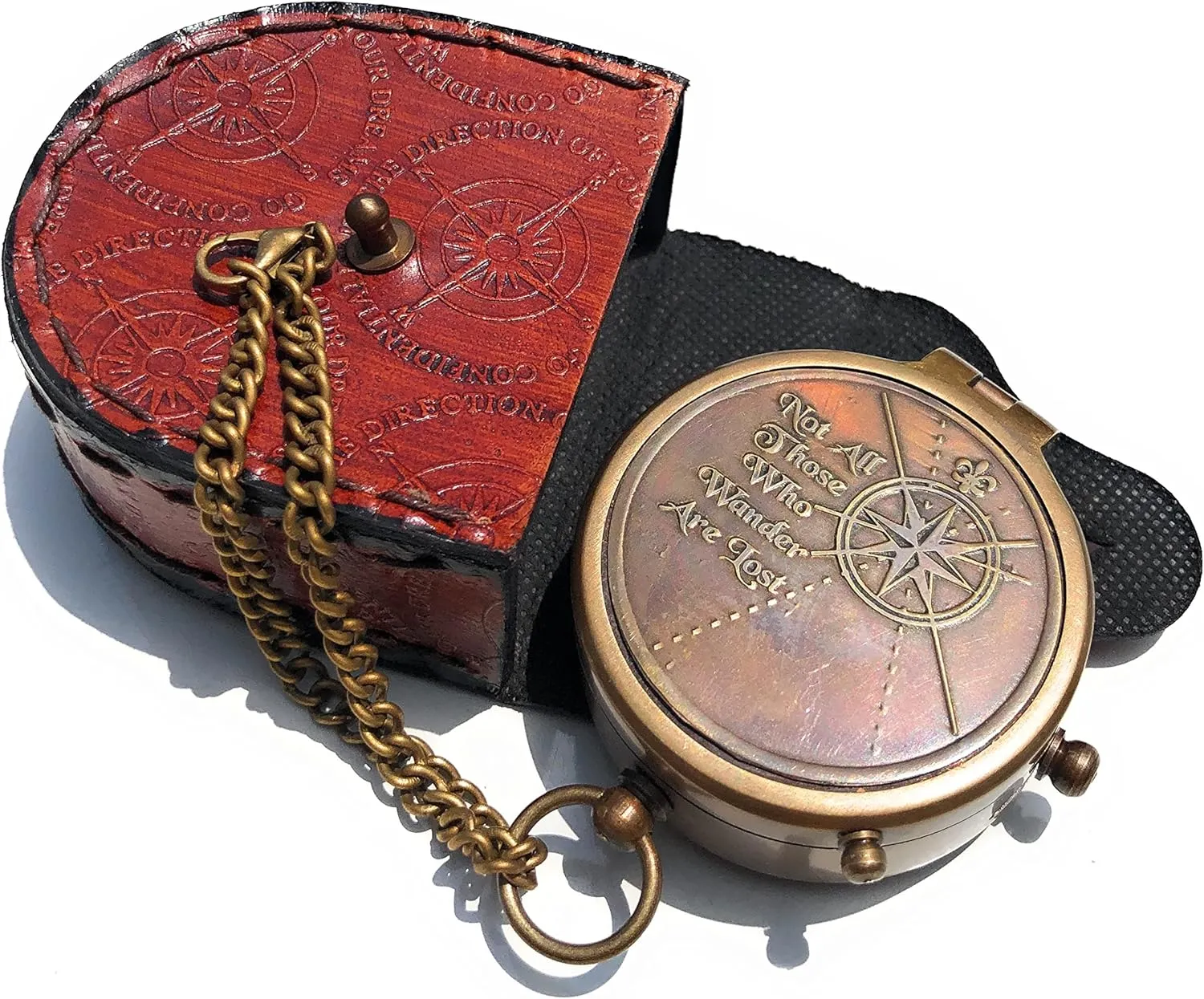 Not All Who Wander Are Lost Engravable Compass - Pocket Compass - Brass Compass with Leather Case - Pirates Compass - Gift Compass - Camping Compass - Confirmation Gift Idea - Baptism Gifts - Keepsake