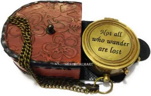 Not All Who Wander are Lost Engraved Brass Compass with Leather Case, Pirates Compass, Magnetic Navigational Instrument, Gift for Graduation, Anniversary, Baptism, Retirement, or Christmas