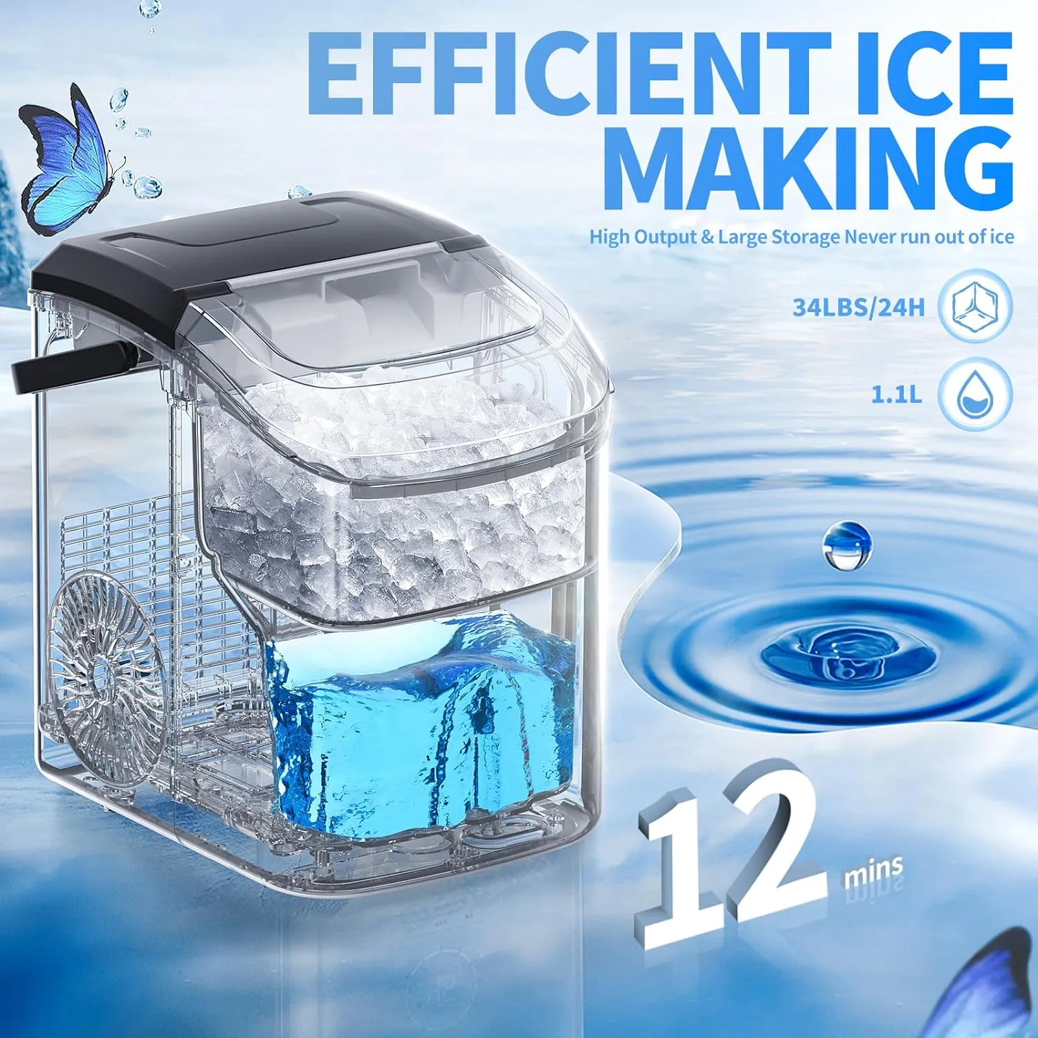 Nugget Countertop Ice Maker with Soft Chewable Pellet Ice, Pebble Portable Ice Machine, 34lbs Per Day, Self-Cleaning, Sonic Ice, One-Click Operation, for Kitchen,Office Stainless Steel Black