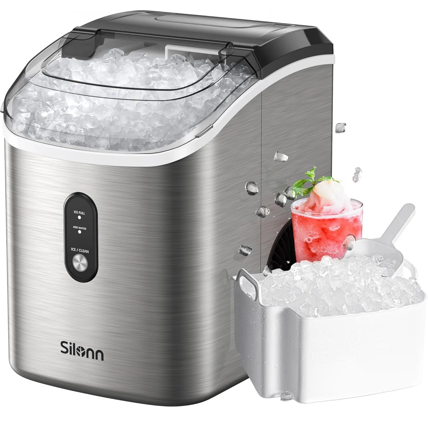 Nugget Ice Maker Countertop, Silonn Chewable Pellet Ice Machine with Self Cleaning Function, Pebble Portable Ice Maker with Ice Scoop for Home Kitchen Office, Stainless Steel