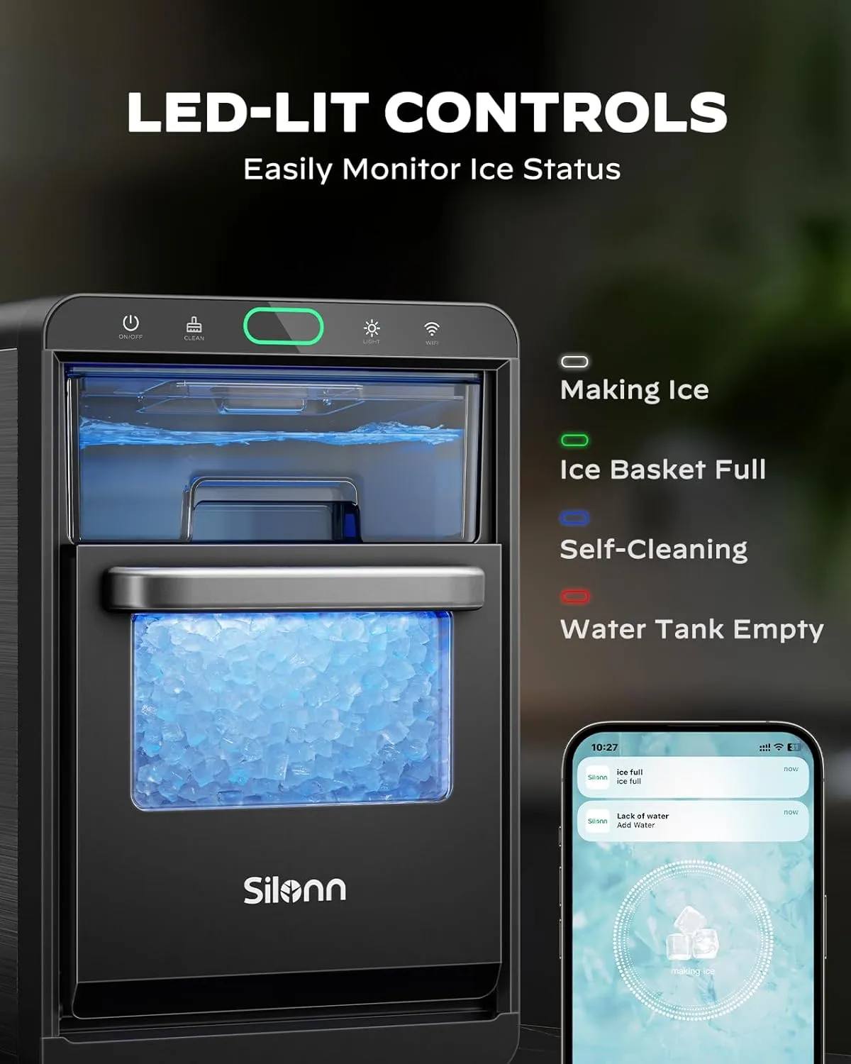 Nugget Ice Maker Countertop - Silonn Smart Pebble Ice Machine, Pellet Ice 44 lbs per Day, Crushed Ice from Timer Function and Status Alerts with Silonn App, Stainless Steel