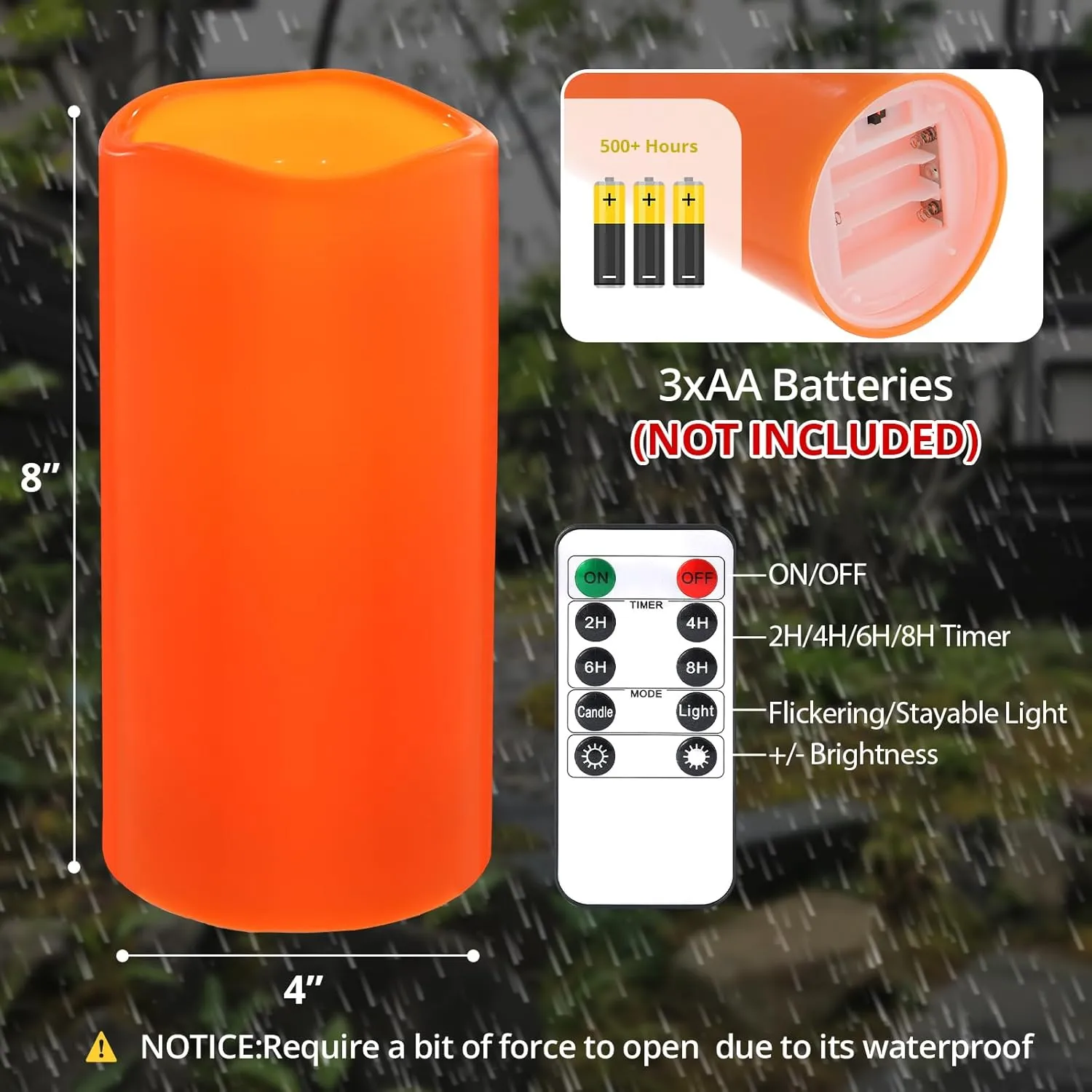 NURADA 8" x 4" Large Outdoor Flameless Candles - Waterproof LED Pillar Flickering Candle Battery Operated with Timer Remote for Patio Porch Lanterns Thanksgiving Fall Diwali Decor - 2 Pack Orange
