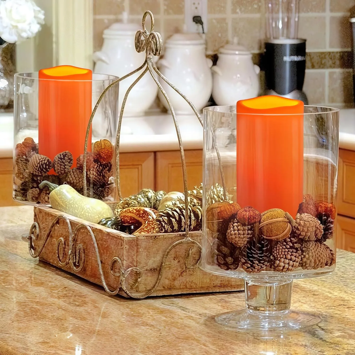 NURADA 8" x 4" Large Outdoor Flameless Candles - Waterproof LED Pillar Flickering Candle Battery Operated with Timer Remote for Patio Porch Lanterns Thanksgiving Fall Diwali Decor - 2 Pack Orange