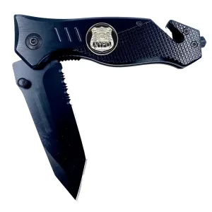 NYPD New York City Police Department Knife 3-in-1 Tactical Rescue Knife Tool with Seatbelt Cutter, Steel Serrated Blade, Glass