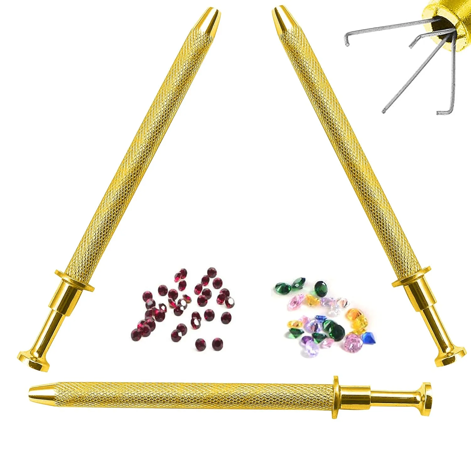 OdontoMed2011 Set of 3 Pieces 4 Prongs Jeweler's Pick Up Tool Gold Plated for Diamonds Gem Stones Beads Ball Grabber Piercing Small Parts Picker Stainless Steel